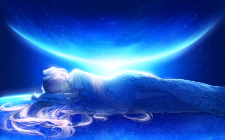 Sleep - sleeping, mahou shoujo madoka magica, female, magic, anime girl, fantasy, laying, anime, kaname madoka, lying, girl, light, magical, long hair, lay, glow, sleep, abstract, blue, kaname, madoka