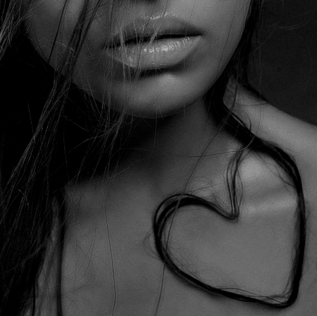 ♥ - lips, woman face, heart, black and white, love