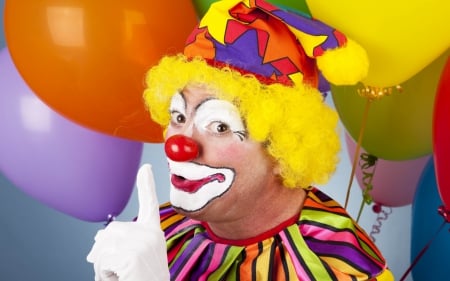 Clown - yellow, blue, pink, orange, man, clown, rainbow, purple, mask, red, green, balloons