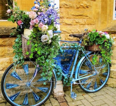 flowered bicycle - abstract, flowered, flowers, still life, bbicycle, spring