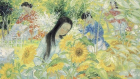 Le Pho Painting 1 - women, soft, flowers, garden, oriental, vietnamese, sunflowers, asian, painting, woman