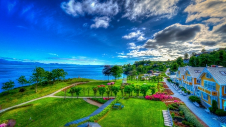 Beach Resort - path, trees, hdr, sea, building