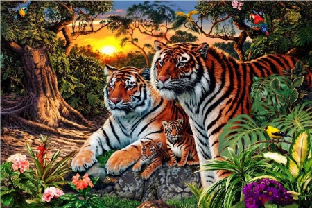 The Forest of the Tiger - trees, sunset, tigers, cubs, wild, artwork, cats, jungle, animal, flowers, tiger