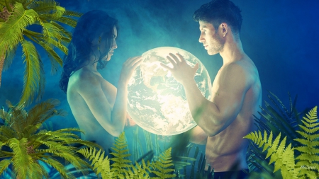 World in Their Hands - moon, romantic, mystical, earth, romance, magical, man, palm, world, hope, ferns, woman, foliage, lovers