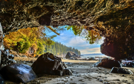 Mystic Beach Cave - beach, british columbia, forest, clouds, beautiful, river, morning view, cave, sand