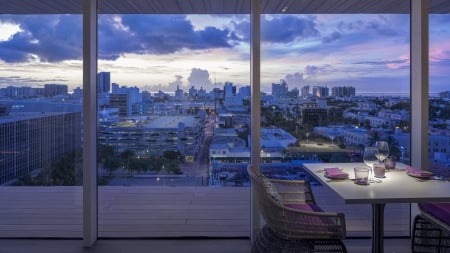 beautiful view from a dining room in florida - dusk, clouds, view, window, city, apartment