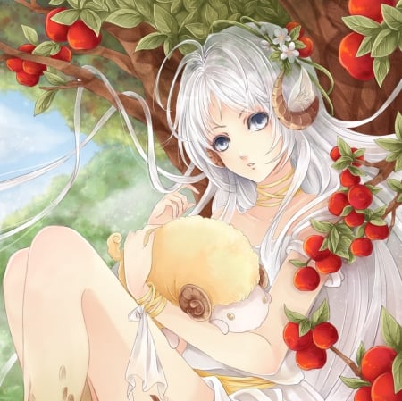 Lady Oni - apple, beautiful, white hair, anime girl, girl, fruit, devil, tree, demon, beauty, silver hair, anime, hd, dress, lamb, cg, long hair, female, horn