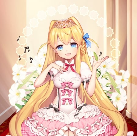 Notes Princess - anime, tiara, kawaii, female, dress, blonde, blond hair, long hair, music, blond, ribbon, princess, notes, blue eyes, anime girl, royalty, girl, blonde hair, flower, cute