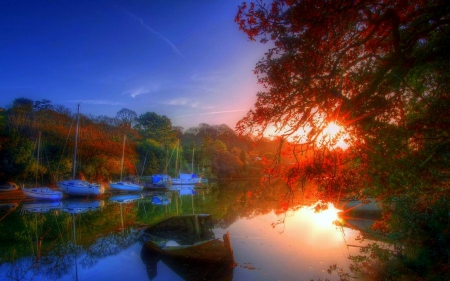 â˜…Reflections on Sunsetâ˜… - rays light, autumn, trees, photography, creative pre-made, reflections, sunsets, rivers, waterscapes, attractions in dreams, sunbeams, boats, stunning, plants, nature, love four seasons, beautiful, scenery, colors, ports, fall season