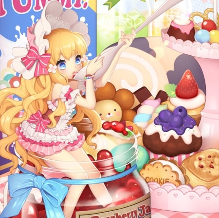 Yummy - strawberry, female, jelly, delicious, blond, anime girl, blond hair, anime, food, pudding, yummy, adorable, girl, long hair, cake, candy, kawaii, eat, eating, sweet, dress, blonde