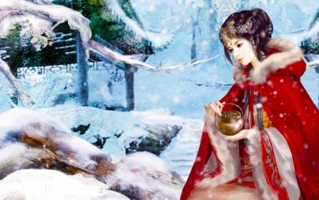 Feeding the Birds - winter, beautiful, snow, girl, chinese, lovely, cg, fantasy, digital, woman, art, asian