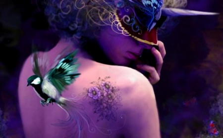 Unicorn Girl - woman, girl, serene, fantasy, bird, cg, art, abstract, blue, beautiful, digital, unicorn