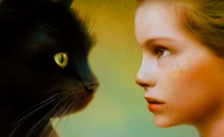 Best Friends - cg, digital, wallpaper, fantasy, beautiful, cat, girl, art