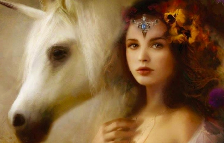 Fine Friendship - beautiful, serene, girl, friendship, horse, cg, fantasy, digital, woman, art, flowercrown