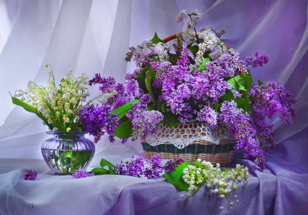 Still life - pretty, vase, blue, beautiful, fragrance, lilac, lovely, still life, flowers, basket, scent, lily of the valley