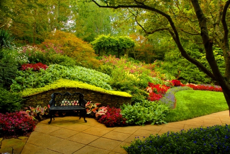 Gibbs gardens - trees, paradise, greenery, park, bench, beautiful, rest, flowers, alleys, garden, relax