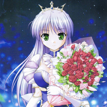 Red Bouquet - pretty, anime, tiara, elegant, divine, female, blue, blossom, crown, dress, green eyes, long hair, sublime, gorgeous, red, hd, princess, nice, purple hair, gown, anime girl, royalty, beautiful, girl, beauty, lovely, sweet, flower, bouquet, angelic, floral