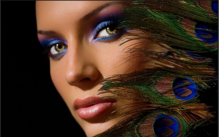 â™¥ - feather, face, make-up, purple, beauty, girl, eyes, blue, peacock, woman, green