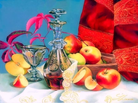 ..The Autumn Glamour.. - autumn, glasses, draw and paints, still life, creative pre-made, pretty, paintings, lovely still life, fruits, glamour, apples, lovely, love four seasons, beautiful, seasons, flowers, colors, bottles, fall season