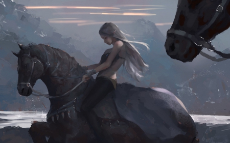 Fantasy - horse, animal, fantasy, dark, elf, girl, woman, art