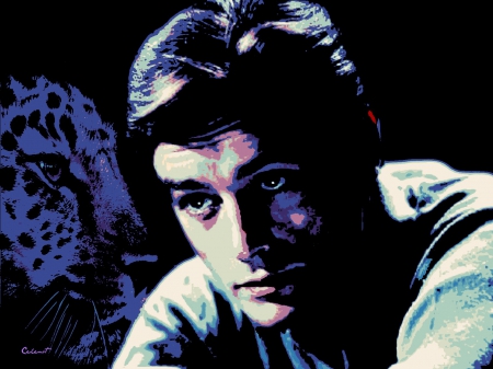 Alain Delon - purple, animal, pink, black, by cehenot, blue, art, cheetah, poster, head, alain delon