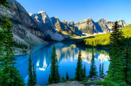 Canadian Rockies - calm, blue, majestic, landscape, tranquil, reflection, crystal, mountain, shore, Rockies, Canada, cliffs, lake, trees, water, beautiful, mirrored, Rocky, lovely, nature, clear, serenity