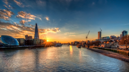 spectacular sunset on the thames river hdr - modern, river, city, hdr, sunset, buildings