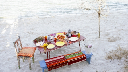 wonderful dining on the beach - lunch, beach, table, chairs, sand, tree