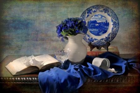 still life in blue - abstract, blue, book, teapot, still life