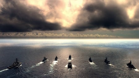 the fleet sailing of - clouds, horizon, military, ships, sea