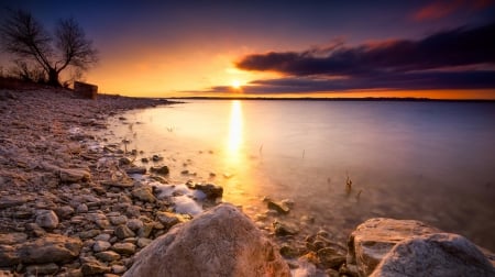 Benbrook Lake At Sunset, Texas - clouds, sun rays, beautiful, tree, lakeshore, sunset, stone beach, lake, dusk, sky