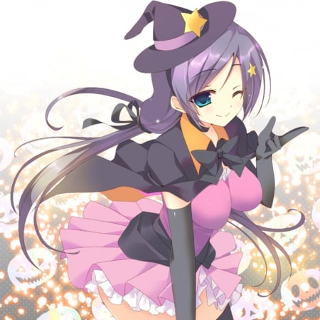 Something Wicked - anime, anime girl, female, beautiful, hot, dress, girl, wink, beauty, witch, purple, hd, purple hair, sexy