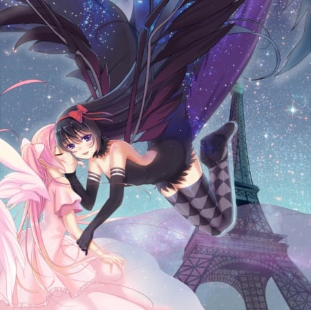 Mahou Shoujo - homura, anime, akemi, female, wing, flying, dress, angel, eiffel tower, float, fly, gown, kaname, anime girl, tower, girl, madoka, black, white, mahou shoujo, magical girl