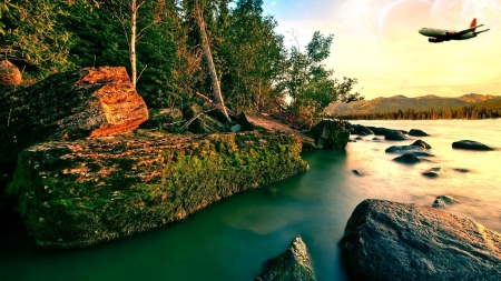 airplane breaking the silence of nature - airplane, river, shore, nature, forest, rocks