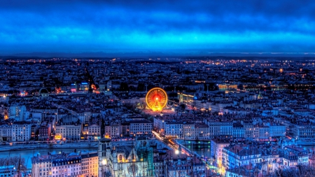 beautiful cityscape of lyon france at night hdr - ferris wheel, lights, river, city, night, hdr