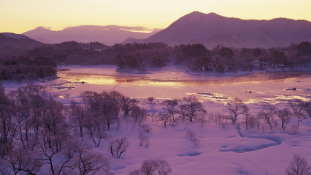 lavender colored winterscape in fukushima japan - forest, mountains, pink, winter, river