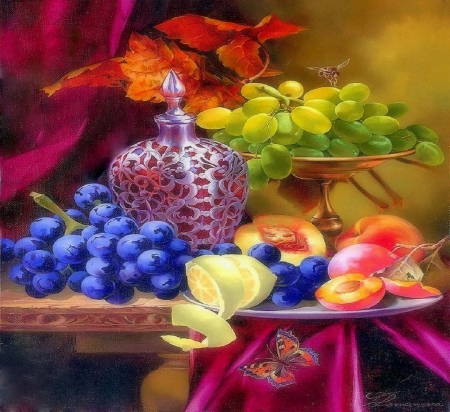 Prague Still-Life - colorful, wine, still life, tableclothes, creative pre-made, pretty, paintings, lovely still life, draw and paint, fruits, lovely, nature, charm, love four seasons, beautiful, flowers, grapes, colors, bottles, butterfly designs