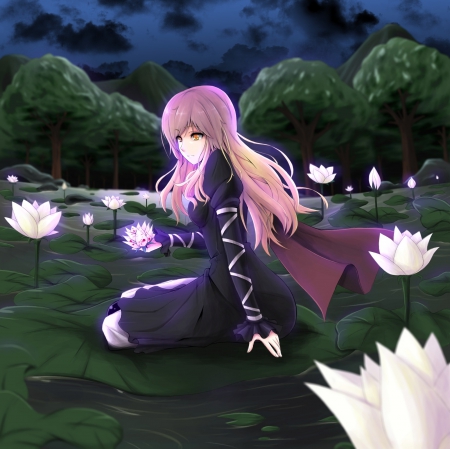 Lotus Garden - pretty, anime, magic, female, scene, long hair, touhou, nice, lotus, anime girl, beautiful, girl, water lily, beauty, lovely, sweet, flower, hijiri byakuren, blososm, floral