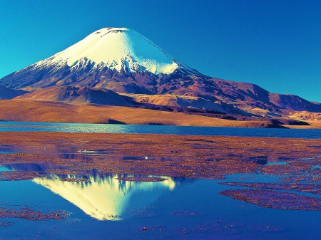 Snowy Peak Reflection - white, volcano, beautiful, blue sky, lake, Chile, mountain