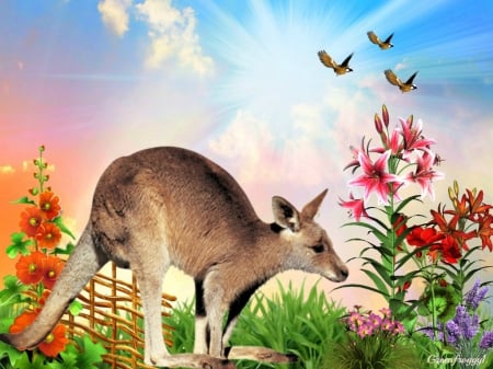 KANGAROO IN GARDEN - garden, kangaroo, creation, abstract