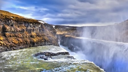 wondrous gullfuss waterfall in iceland hdr - spray, waterfalls, hdr, cliffs, gorge