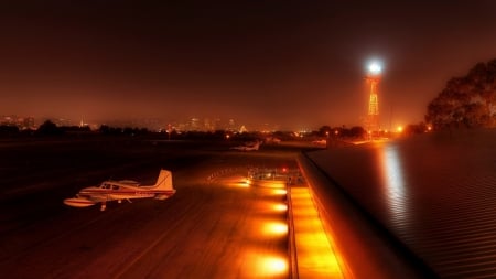 lovely little airport at night - tarmack, airport, night, tower, planes, lights