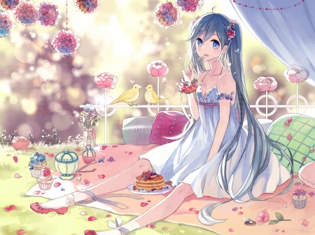 Hatsune Miku - pretty, bird, anime, vocaloid, twin tail, kawaii, pie, female, miku hatsune, twintail, blossom, food, dress, hatsune miku, long hair, blue hair, nice, cake, twin tails, anime girl, cupcake, twintails, girl, sundress, lovely, sweet, flower, miku, adorable, hatsune, floral, vocaloids