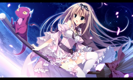 Broom Stick - pretty, anime, female, flying, dress, long hair, monster, float, fly, nice, gown, anime girl, broom, withc, girl, lovely, sweet, creature