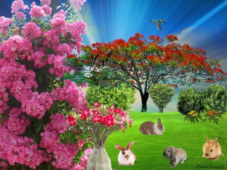 BUNNIES - creation, trees, bunnies, abstract