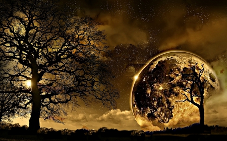 Golden Moon - moon, autumn, stars, falll, golden, sparkles