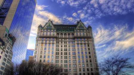 vintage building among the modern in nyc hdr - vintage, hdr, skyscrapers, city, sky, building