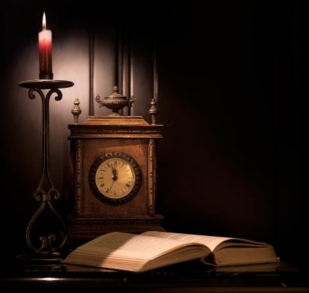 Still Life - clock, candle, still life, book