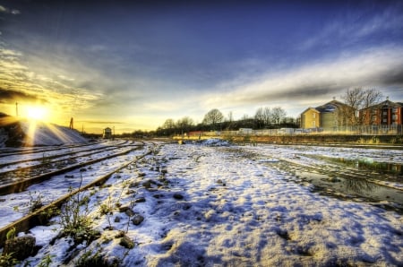 sunset over train track in winter hdr - train, town, winter, sunset, hdr, tracks