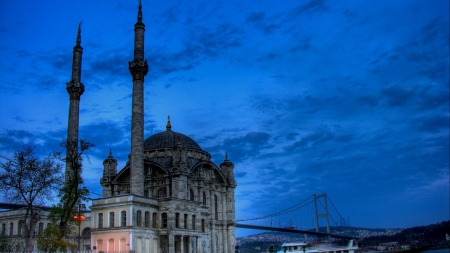 beautiful mosque under bridge in istanbul hdr - monarets, evening, hdr, minarets, mosque, bridge